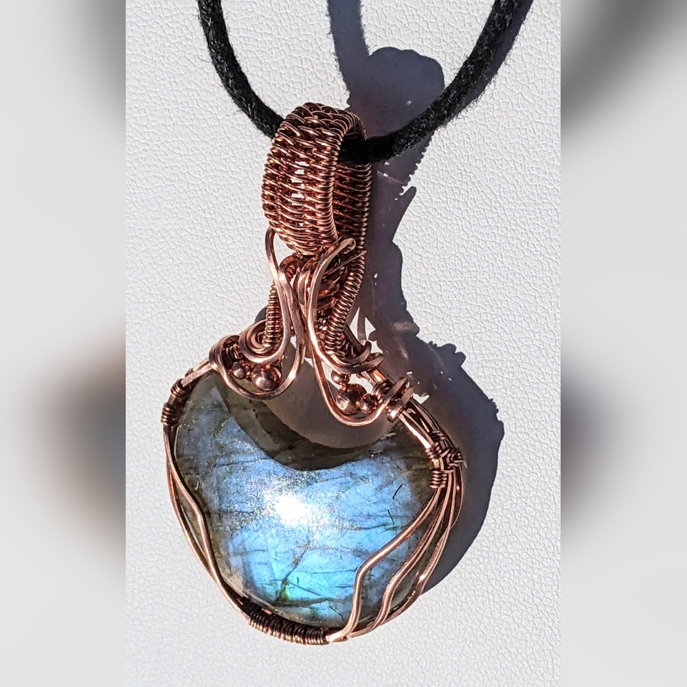 Ethereal Moon Pendant-Artisan-Blue Labradorite Gemstone-Copper Wire Wrap - Picture 8 of 17